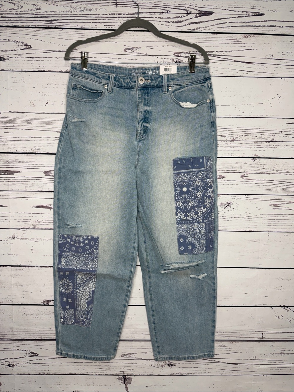 Style & Co. Light Blue Mom Jeans with Navy Bandana Patches